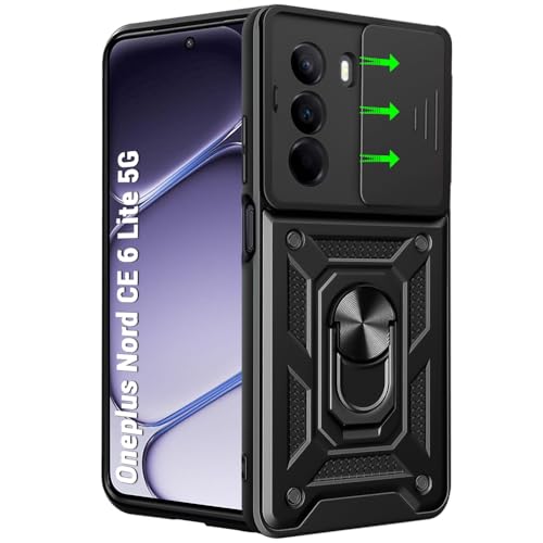 Image of TheGiftKart Tough Armor Bumper Back Cover Case for OnePlus Nord CE 6 Lite 5G | Sliding Camera Cover, KickStand & Ring Holder | 360 Protection Back Cover for OnePlus Nord CE6 Lite 5G (PC & TPU, Black)