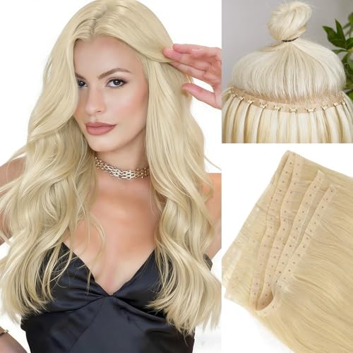 WIGNEE 2 szt. naturalnych przedłużek do włosów z mikropierścieniami, niewidoczna taśma PU, 100% Remy Przedłużanie włosów 18 cali, blond, mikro koraliki, naturalne włosy