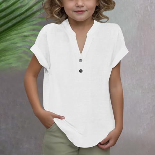 Girls Cotton Linen Shirts Summer Casual Button v Neck Tunic Blouses Kids Trendy Lightweight Solid Short Sleeve Tops2