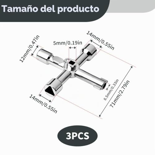 Miniatura 2 de Juego De 3 Llave De Utilidad Multifuncional De 4 Vías, Llave Triangular Para Caja Eléctrica Para Gas Y Control,De Utilidad De Aleación De Zinc Gabinete Eléctrico Y Plomería Contador Gas Válvulas