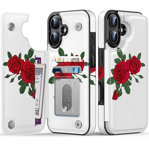 FUNMIKO for iPhone 16 Wallet Case with Card Holder, RFID-Blocking, Military-Grade Protection & UV-Printed Artwork, Magnetic Closure with Leather Kickstand - Blooming Red Rose