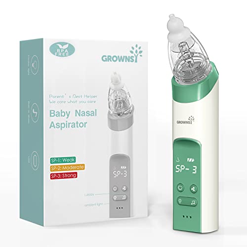 Image of GROWNSY Nasal Aspirator for Baby, Baby Nose Sucker, Automatic Nose Cleaner with 3 Silicone Tips, Adjustable Suction Level, Music and Light Soothing Function（Deep Green）