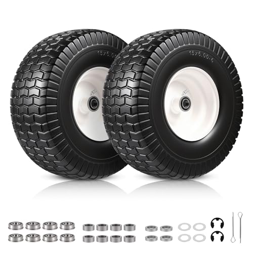 Image of 2 PCS 15x6.00-6 Flat Free Lawn Mower Tire and Wheel, 15x6-6 Front Tire Assembly Compatible with John Deere Husqvarna Riding Mowers Lawn Tractors, with 3/4" & 5/8" Bearings, 3" Centered Hub