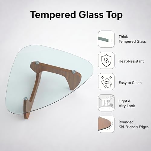 Image of 35.8 inch Glass Coffee Table, Modern Coffee Tables for Living Room, Organic Round Coffee Table with Clear Tempered Glass Top and Walnut Finish Wood Base, Small Center Table, Mesa de Centro para Sala