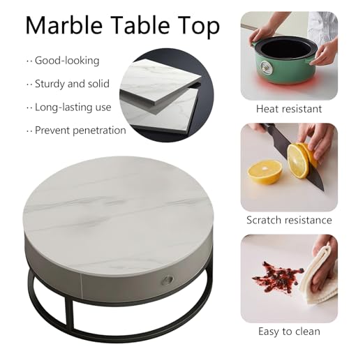 Nesting Coffee Tables Set of 2, Coffee Table with 2 Storage Drawers, Modern Centre Table with Rock Slab and Tempered Glass for Living Room, Office, Balcony, Square White (GREYROUND) - Image 5