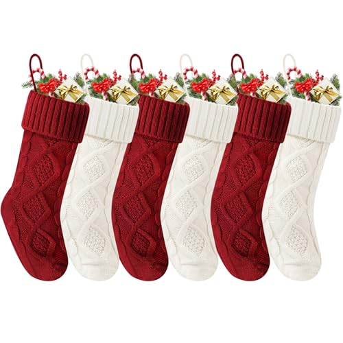 Doitory Christmas Stockings 18 Inches,Long Knitted Socks Christmas Decoration Hanging Stocking Fireplace Xmas Tree Stocking for Home Family（3red+3white）