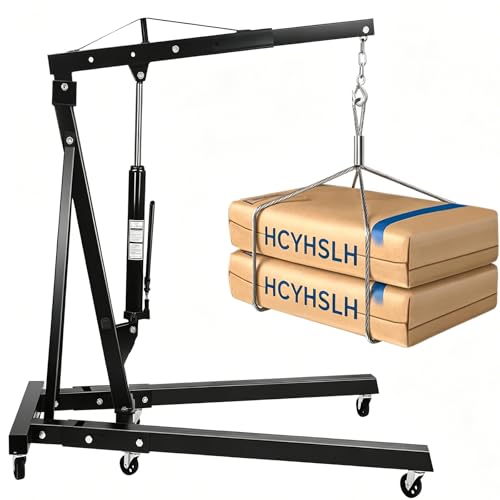 2T Folding Engine Crane, Hydraulic Engine Hoist, 6.89ft Lifting Height 4 Adjustable Positions Carbon Steel Material Argon Arc Welding Crane Complete Set W/6 Universal Wheels For Car Fixing,Black