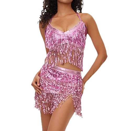 2026 Disfraz de danza del vientre para mujer con sujetador con pañuelo en el pecho y la cadera con flecos, Rosa., talla única