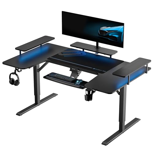 EUREKA ERGONOMIC Electric Standing Desk 190x110 cm U Shaped Gaming Desk Height Adjustable Large Studio Computer Desk with LED Convertible Monitor Shelves, Keyboard Tray