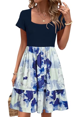 Image of Newshows Women's 2026 Summer Casual Square Neck Ruffle A Line Beach Vacation Sundress Work Business Dress with Pockets