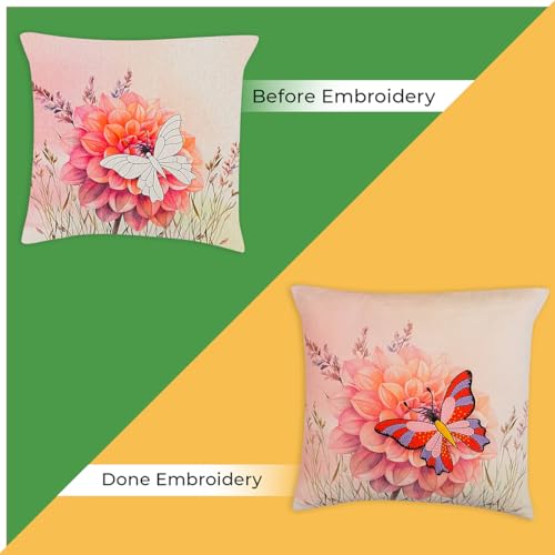 Image of picknMAKE Pack of 2 DIY Cushion Cover Hand Embroidery Kit Set for Beginners with Butterfly Bliss DIY Craft Cushion /Pillow Cover|16 inchX16|Digitally Printed Embroidery Patterns|All Materials Included