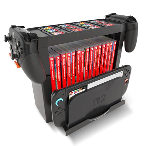 Switch 2 Storage Stand, Multifunctional Switch 2 Organizer Holds 15 Game Boxes, 12 Game Cards, 2 Controllers and Switch Dock, Compatible with Switch 2/Switch OLED/Switch - Switch 2 Accessories