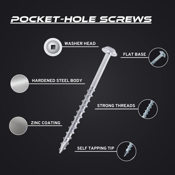 Massca Pocket-Hole Screw Kit – 1,000 Self-Tapping Zinc Plated Screw Set with No. 2 Square Driver Bit – 1”, 1-1/4” Fine-Thread & 1”, 1-1/4”, 1-1/2”, 2”, 2-1/2” Coarse-Thread Washer Head Wood Screws.