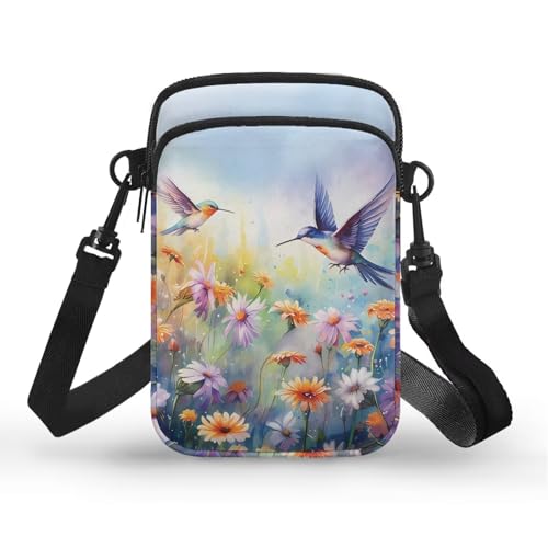 Hummingbird Floral Print Cross Body Bag, 2 Layer Portable Messenger Storage Bag Satchel Bags for Women Girls School Travel Work Sport