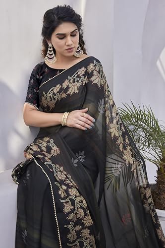 Image of MIRCHI FASHION Saree for Woman Chiffon Foil Work Floral Printed | Ethnic Sari for Function and Farewell with Unstitched Blouse Piece (Available in 15 Colors)