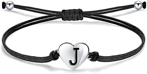 Bracelet for Women Heart with Letter, Silver 925 Initial Charm Handmade Braided Cord Bracelet, Personalized Alphabet Jewelry Adjustable