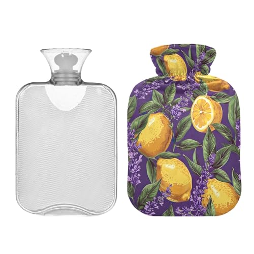 Hot Water Bottle Bag with Cover, 1L Reusable Hot Water Bag for Menstrual Cramps, Neck and Shoulder Pain Relief, Hot and Cold Therapy, Purple Lavender and Oranges