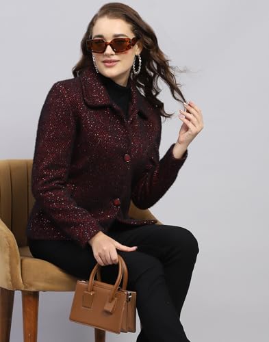 Image of Monte Carlo Womens Self Design Maroon Collar Neck Full Sleeve Coat