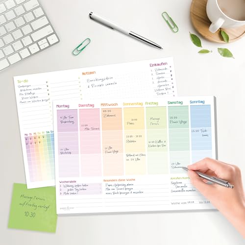 paper&you® Wochenplaner Block A4 ohne festes Datum [Rainbow] 50 Blatt |Terminplaner mit To-Do-Liste, Einkaufsliste, großem Notizfeld & mehr | klimafreundlich & nachhaltig