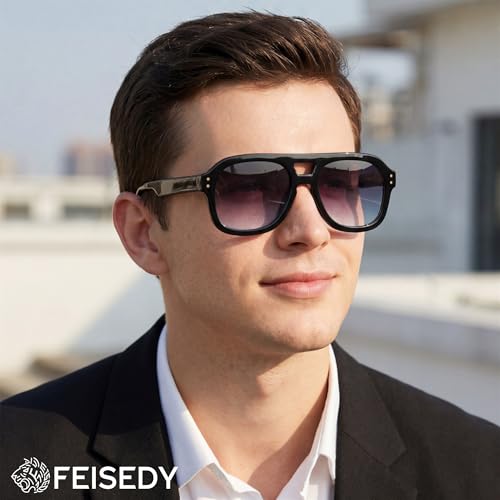 Image of FEISEDY Vintage Aviator Sunglasses Double Bridge Women Men Large Square Thick Frame Trendy Eyewear UV400 B2846