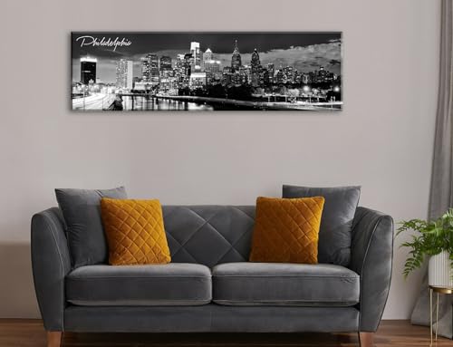 Image of DJSYLIFE Philadelphia Skyline Canvas Art, 13.8 inchx47.3 inch, Black & White | Cityscape Wall Decor, Modern Panoramic Night View Print, For Living Room, Office, Bedroom, Ready to Hang