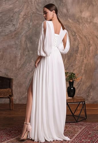 MAGGCIF Long Sleeve Bridesmaid Dresses with Slit Chiffon V Neck A Line Sash Formal Evening Party Gown2