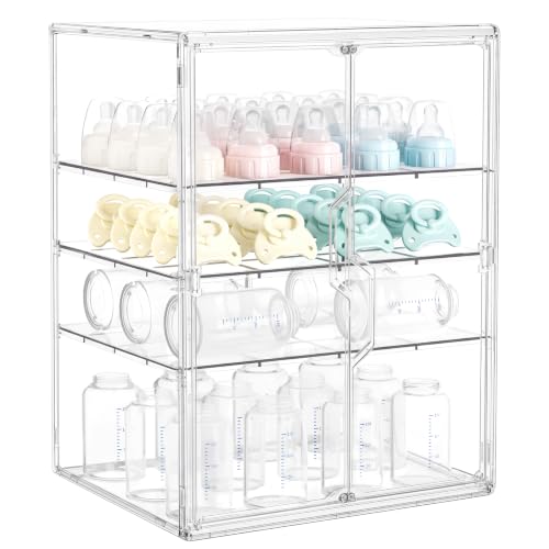 Image of HBlife Baby Bottle Storage Organizer for Countertop Cabinet, 4 Tiers Adjustable Clear Acrylic Bottles Storage Station Case Box Container with 3 Removable Dividers and Magnetic Double Door, X-Large
