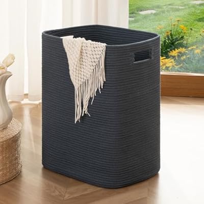 OIAHOMY Laundry Hamper, Laundry Basket?Rectangle Cotton Large Blanket Storage Basket for Living room,Bedroom Woven Decorative Storage for Toys,Clothes,Pillows-16x13x22in-Blue