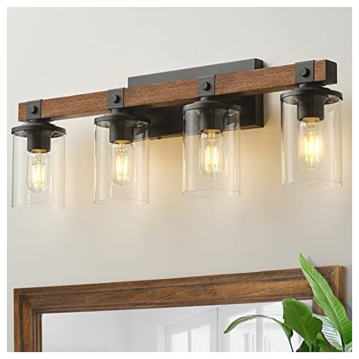 Bathroom Vanity Light Fixtures 4 Lights, Wooden Farmhouse Vanity Lights Rustic Bathroom Lights Over Mirror with Clear Glass Shade Black Industrial Wall Sconce for Bathroom Bedroom Hallway Kitchen