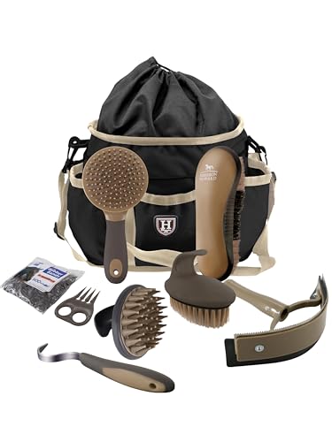 Harrison Howard Kit di spazzole per la toelettatura dei cavalli, 7 pezzi, con organizer Tote Equine Care Series Set di spazzole per cavalli marrone