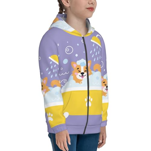 Corgi Washing in Bathtub Kid Hoodies Boys Zip Up Sweatshirts Girls Pullover with Pocket4