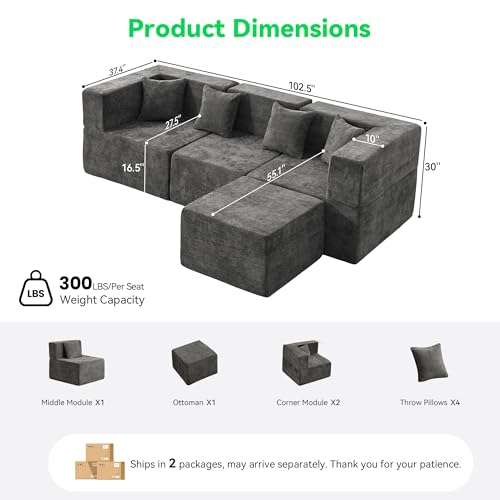 Image of MONVANE 103'' Oversized Boneless Sectional Couches for Living Room, 4-Seat L Shaped Cloud Couch, Modular Sofa with Ottoman & 4 Throw Pillows, Comfy Chenille, No Assembly Required, Gray
