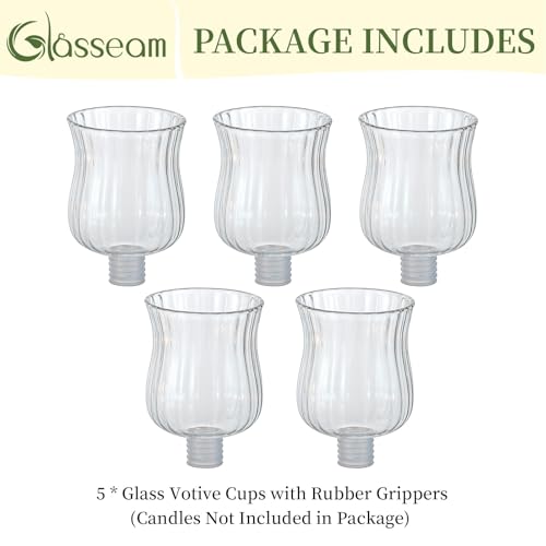 Glasseam Glass Votive Cups with Pegs: Set of 5 Shabbat Votive Candle Holders Bulk with Rubber Grippers Ribbed Glass Clear Candle Cups for Candlestick Holders Shabbos Party Centerpiece Decoration