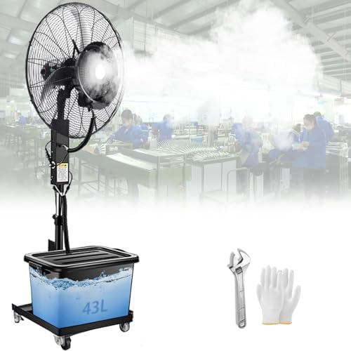 26in Oscillating Mist Fan - 30in Outdoor Misting Fan, 320W Commercial Pedestal Floor Fan with 43L Water Tank for Workshop & Garage, Industrial Cooling Solution