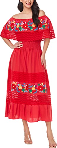 Image of YZXDORWJ Women Embroidered Mexican Peasant Casual Sexy Lace Off-Shoulder Long Dress