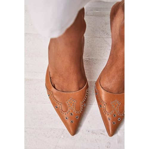 Tan Kitten Heels Mules for Women Studded Closed Pointed Toe Heels Sandals Slip on Dress Party Wedding Pumps2