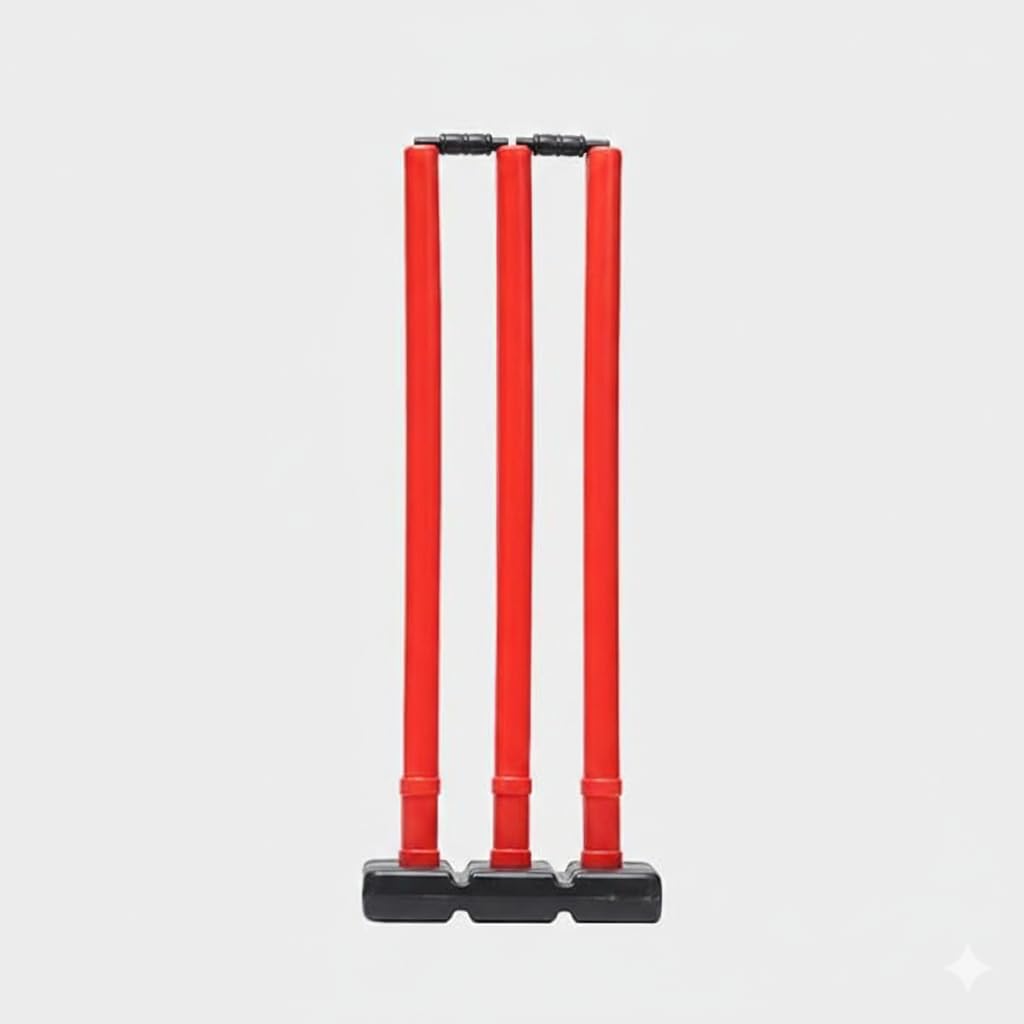 AMEGO Premium Cricket Wicket Set, Heavy Duty, Standard Size, 3 Stumps with 2 Bails and Stand, Red-image-9