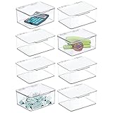 mDesign Small Mini Plastic Stackable Home, Office Supplies Storage Organizer Box with Attached Hinged Lid - Holder Bin for Note Pads, Gel Pens, Staples, Dry Erase Markers, Tape - 8 Pack - Clear