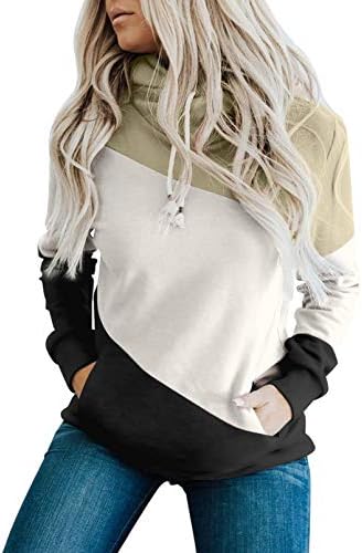 Diukia Women's Fashion Colorblock Cowl Neck Hoodie 2022 Casual Long Sleeve Drawstring Pullover Sweatshirt Tops with Pocket Beige S
