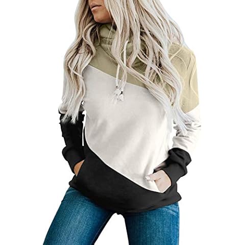 Diukia Women's Fashion Colorblock Cowl Neck Hoodie 2022 Casual Long Sleeve Drawstring Pullover Sweatshirt Tops with Pocket Beige S Cover