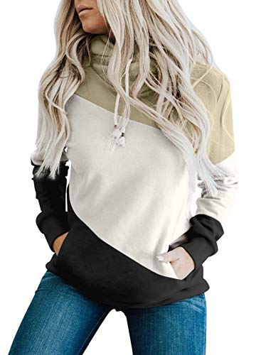 Diukia Women's Fashion Colorblock Cowl Neck Hoodie 2022 Casual Long Sleeve Drawstring Pullover Sweatshirt Tops With Pocket Beige S #TOP4