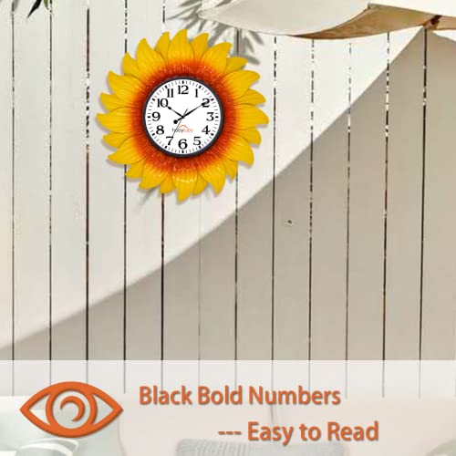 Hobyluby 13'' Outdoor Wall Clock, Sunflower Clock Silent Non-Ticking, Waterproof Outdoor Clocks For Patio, Office, Kitchen #TOP4