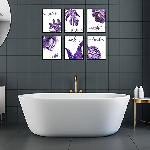 Outus 6 Pieces Purple Wall Art Decor Relax Soak Wash Breathe Unwind Bathroom Decor Unframed Flower Poster Prints Photos Farmhouse Wall Painting Decor For Home Bathroom Washroom, 8 X 10 Inch (Purple) #TOP3