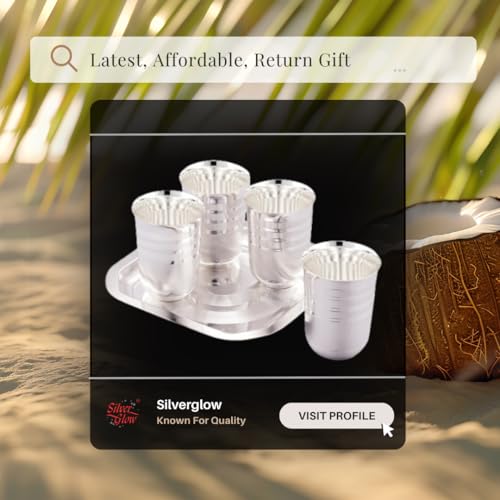 Image of Silverglow Ace Tray Glass Set | Silver Plated Glass Set of 4 with Tray | Juice, Water, Beverages Serving Set | Tableware Set | Perfect Diwali, Office, Wedding Return Gift Item