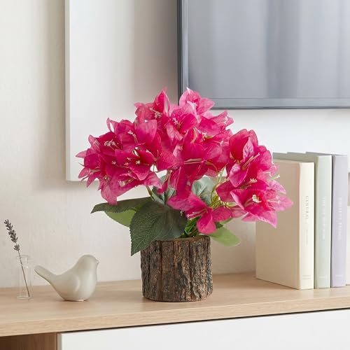 Image of Dekorly Artificial Bougainvillea Flower with Real Wooden Vase (28CM Overall Height) | Decorative Lifelike Faux Floral Plant in Rustic Tree Log Pot for Living Room(Bougainvillea)