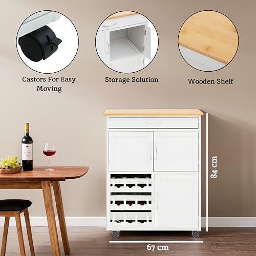 Premier Housewares White Kitchen Island Trolley with Bamboo Top | Stylish Movable Kitchen Storage Cabinet on Wheels - Image 2