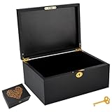 Larger Wooden Memory Keepsake Boxes With Hinged Lids and Lock Photo Frame Inside The Lid - Decorative Storage Box With a Hinge Lids and Lock For Picture Letter Time Capsule - 5.3“*8.6”*11.7“ Black