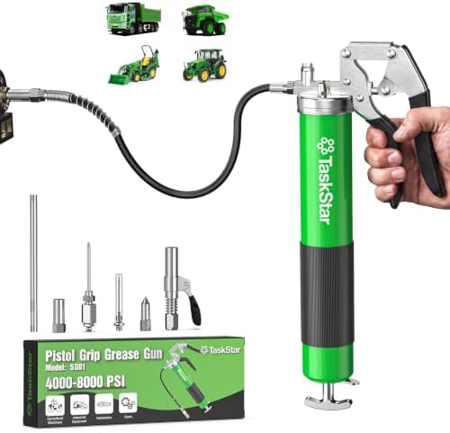 TaskStar 8000 PSI Fettpresse für Schmiernippel, 45cm Flexiblem Schlauch | 400g Einhandfettpresse, Schlanke Schnellkupplung, 5 Mundstücks, Verlängerungsrohr, für Landwirtschaft und