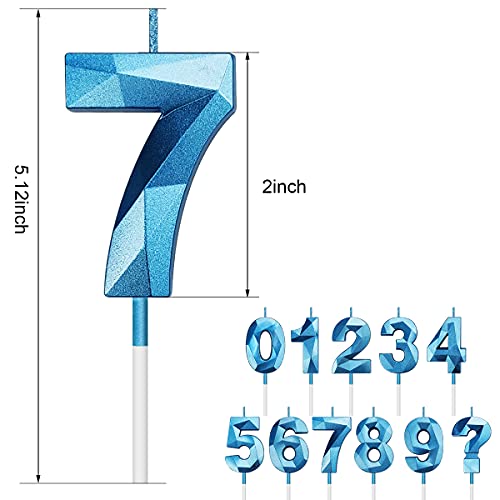 Birthday Candles Numbers 0 1 2 3 4 5 6 7 8 9, 3D Diamond Shape Glitter Number Candles for Cakes Sparkling Numeral Candles Cake Topper Decoration for Kids Adults Birthday Party Favor (Blue, 7)