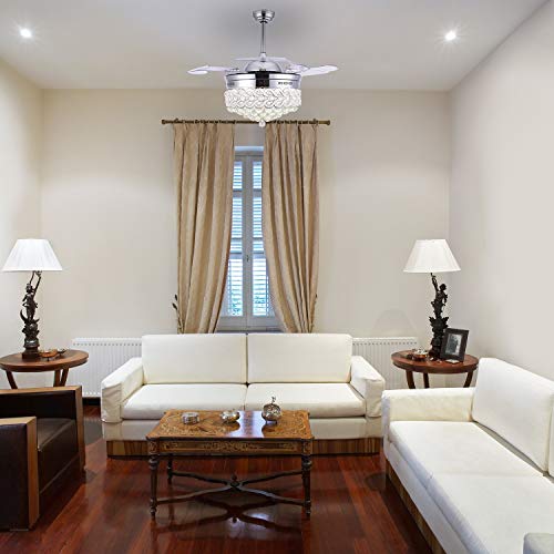 Bella Depot Retractable Ceiling Fan With Led Light, 42 Inch Modern Crystal Chandelier Ceiling Fans Cct Dimmable, Remote Control, Timer, 3-Speed - Chrome #TOP1